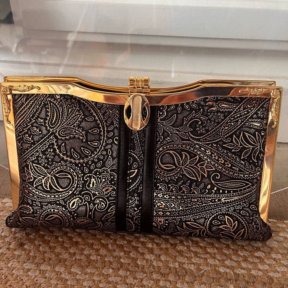 Vintage Embossed Leather Black and Gold Clutch